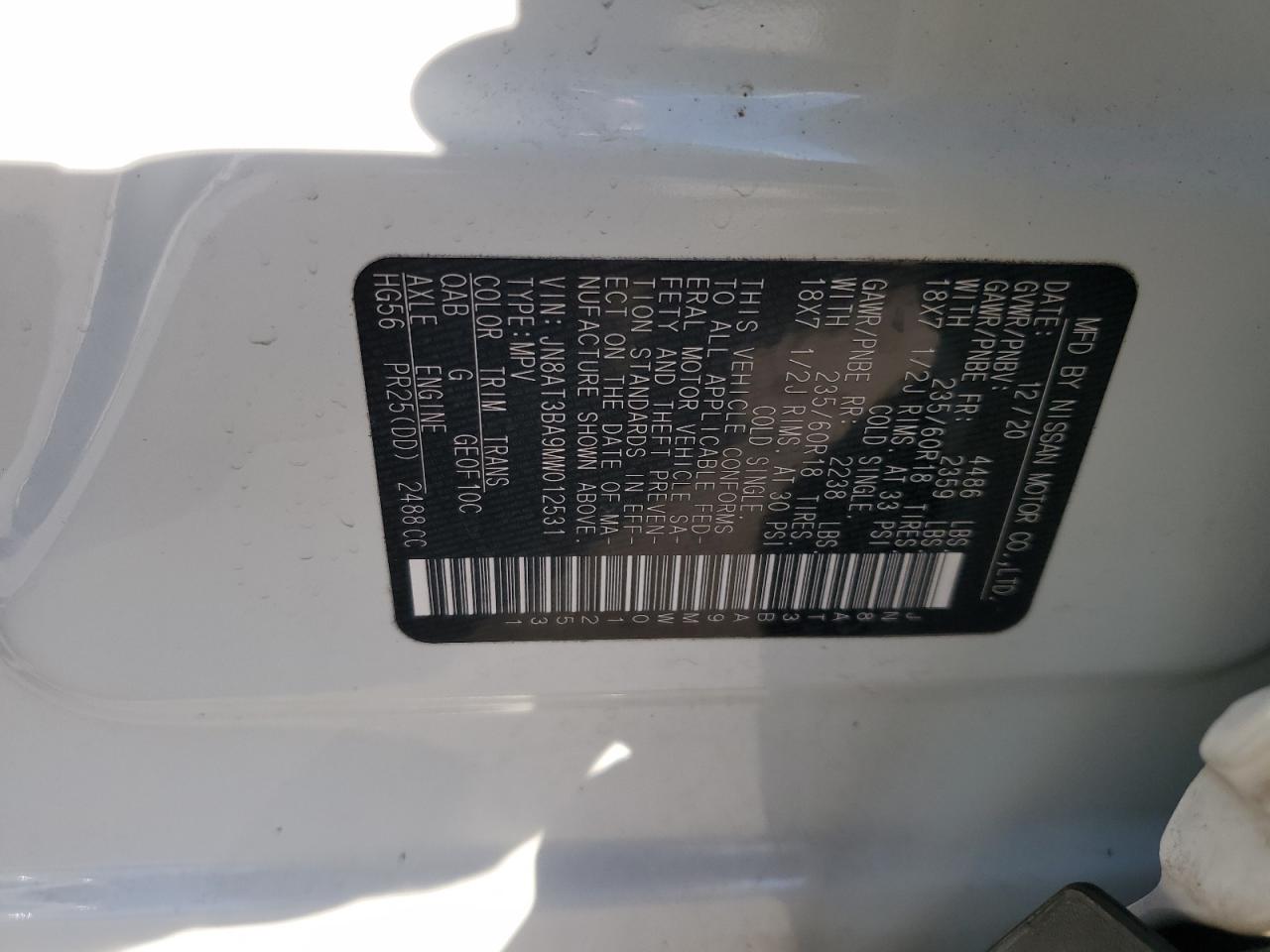 2021 Nissan Rogue VIN JN8AT3BA9MW012531 Copart auction photo, front end / minor dent/scratches damage thumbnail 13