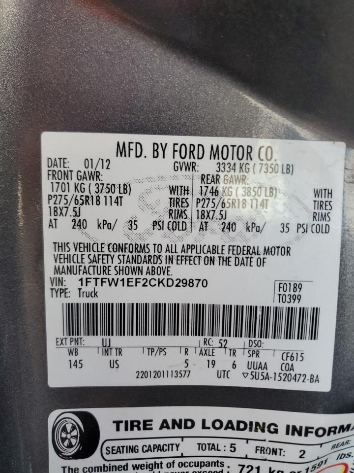 2012 Ford F-150 VIN 1FTFW1EF2CKD29870 Copart auction photo, all over damage thumbnail 12