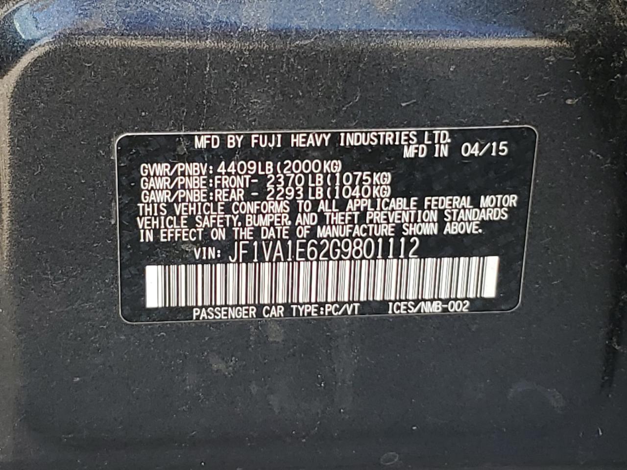 2016 Subaru WRX VIN JF1VA1E62G9801112 Copart auction photo, all over / undercarriage damage thumbnail 12