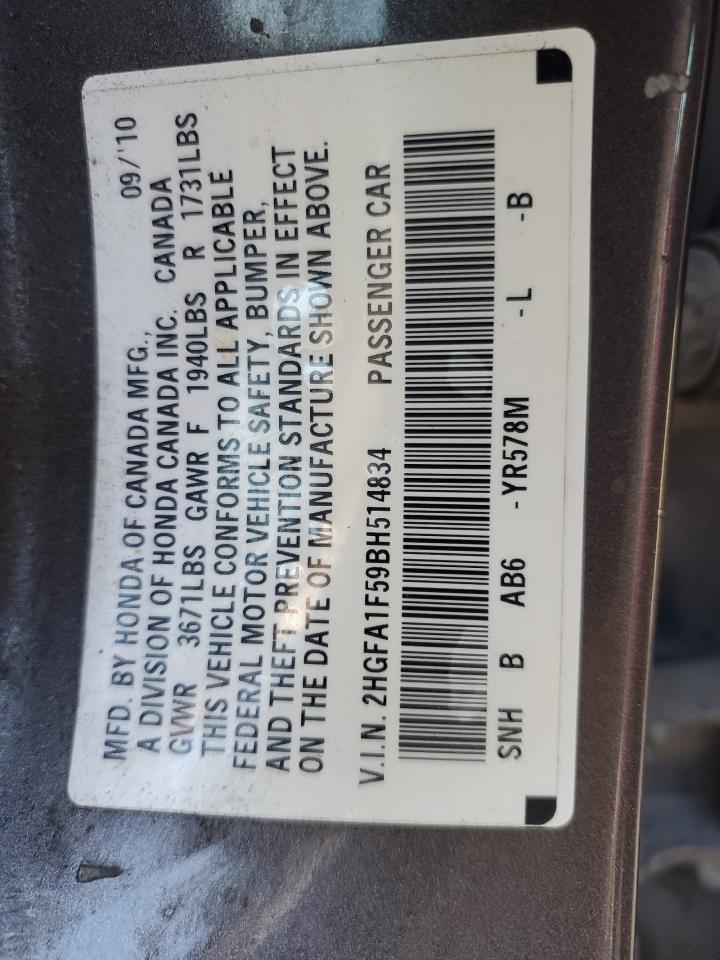 2011 Honda Civic VIN 2HGFA1F59BH514834 Copart auction photo, front end damage thumbnail 13