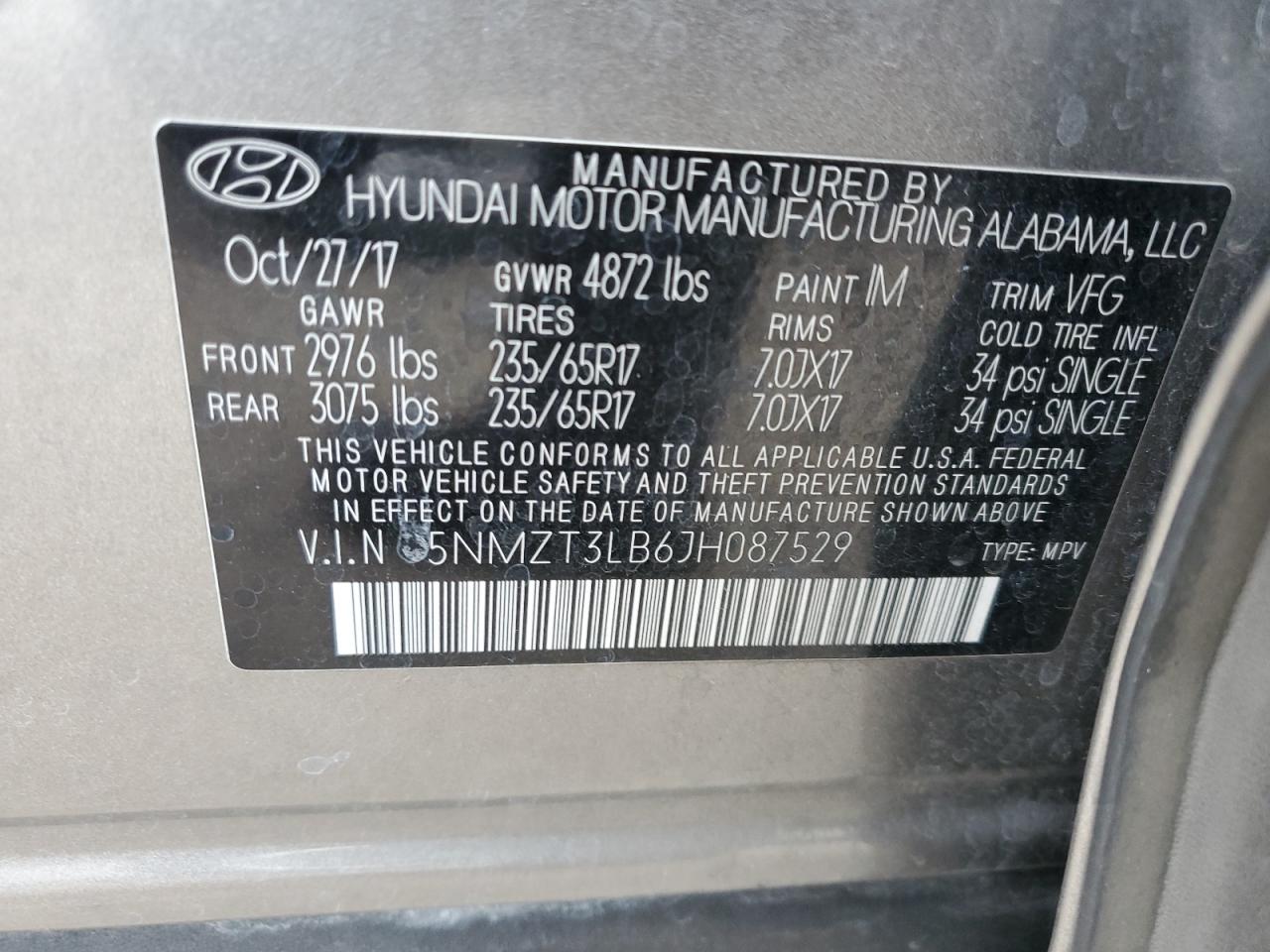 2018 Hyundai Santa Fe VIN 5NMZT3LB6JH087529 Copart auction photo, front end / mechanical damage thumbnail 14