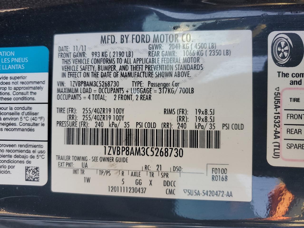 2012 Ford Mustang VIN 1ZVBP8AM3C5268730 Copart auction photo, front end damage thumbnail 12