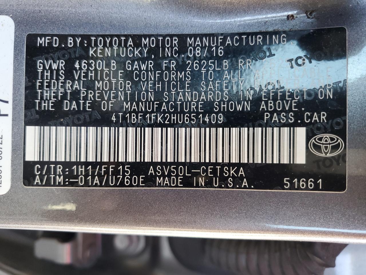 2017 Toyota Camry VIN 4T1BF1FK2HU651409 Copart auction photo, front end damage thumbnail 13