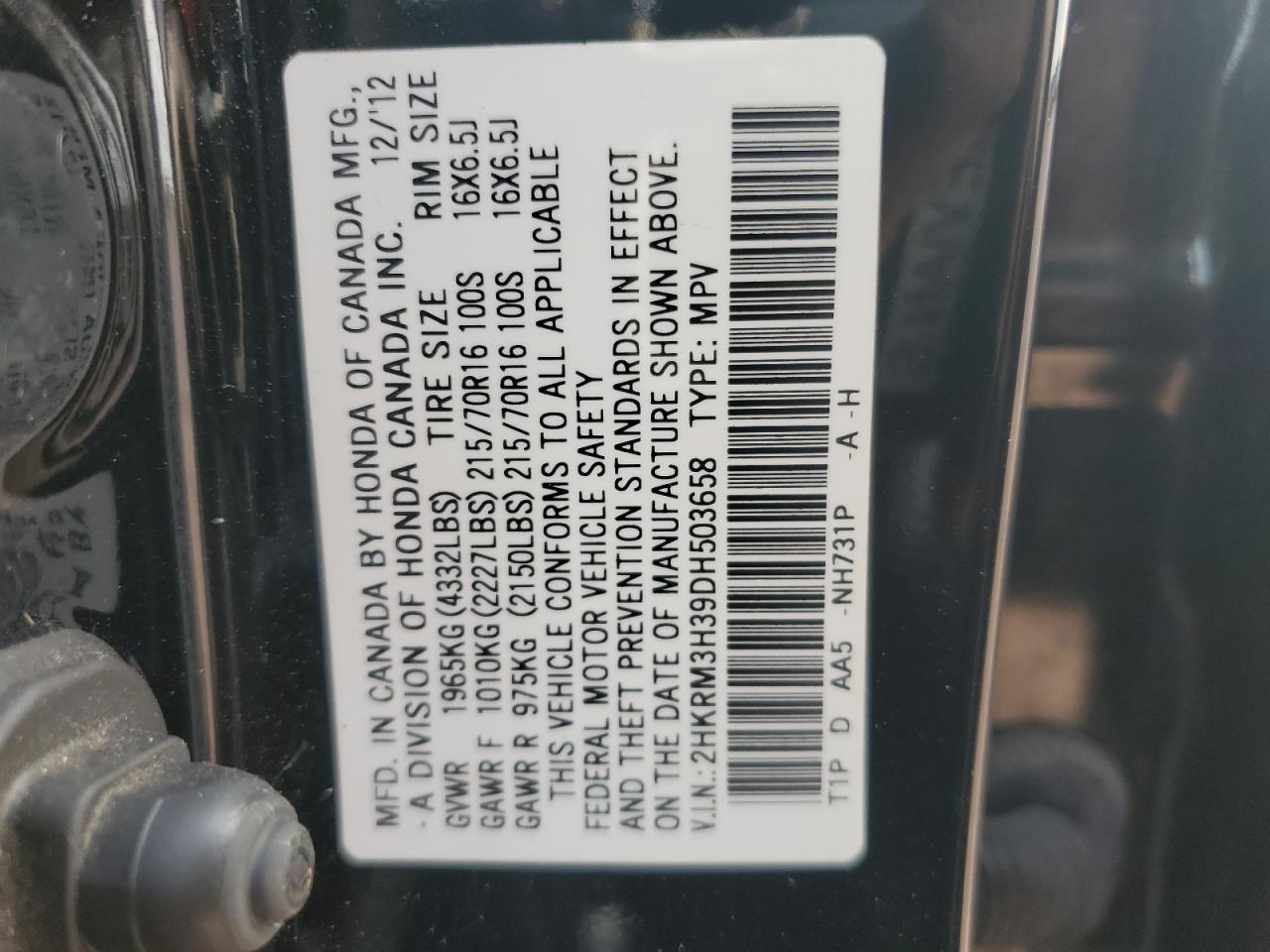 2013 Honda CR-V VIN 2HKRM3H39DH503658 Copart auction photo, rear end damage thumbnail 12