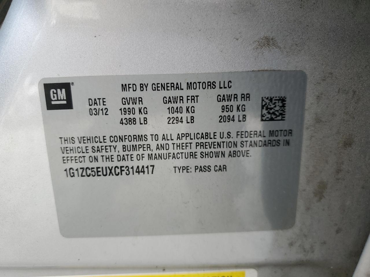 2012 Chevrolet Malibu VIN 1G1ZC5EUXCF314417 Copart auction photo, side damage thumbnail 14