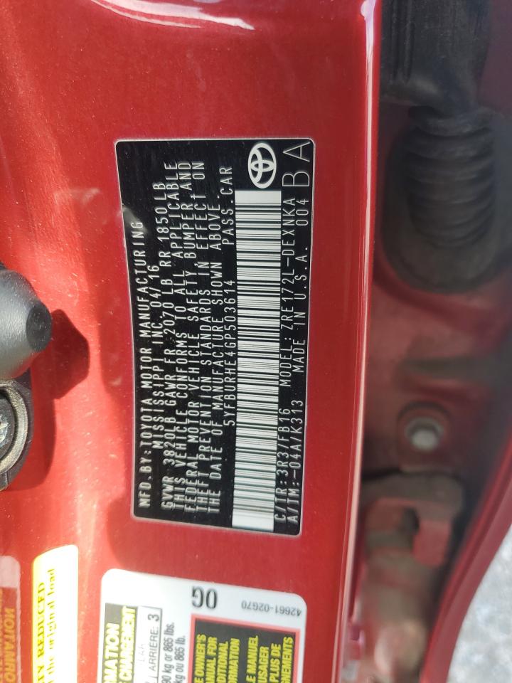 2016 Toyota Corolla VIN 5YFBURHE4GP503614 Copart auction photo, side damage thumbnail 12