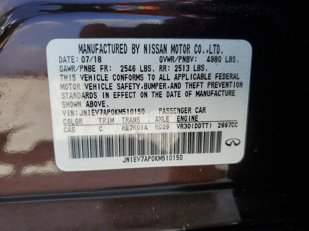 2019 Infiniti Q50 VIN JN1EV7AP0KM510150 Copart auction photo, water/flood damage thumbnail 13