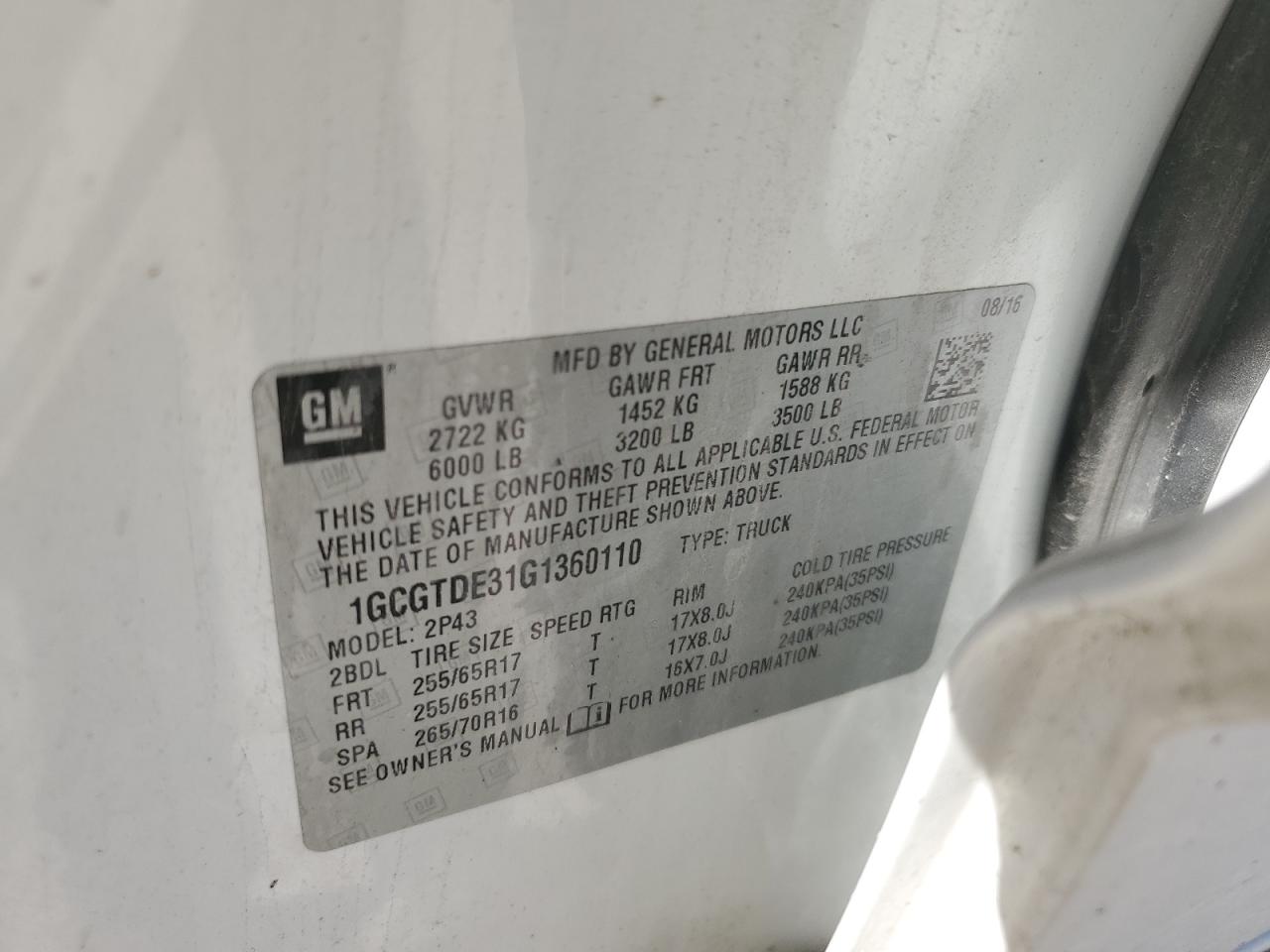 2016 Chevrolet Colorado VIN 1GCGTDE31G1360110 Copart auction photo, front end / minor dent/scratches damage thumbnail 14