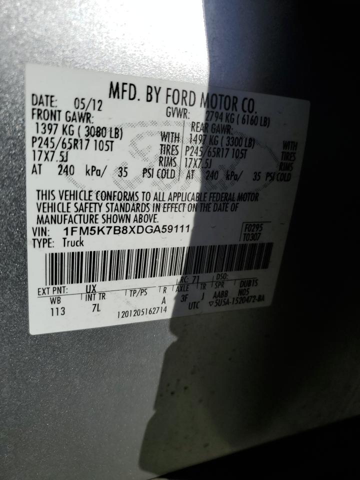 2013 Ford Explorer VIN 1FM5K7B8XDGA59111 Copart auction photo, front end / side damage thumbnail 13