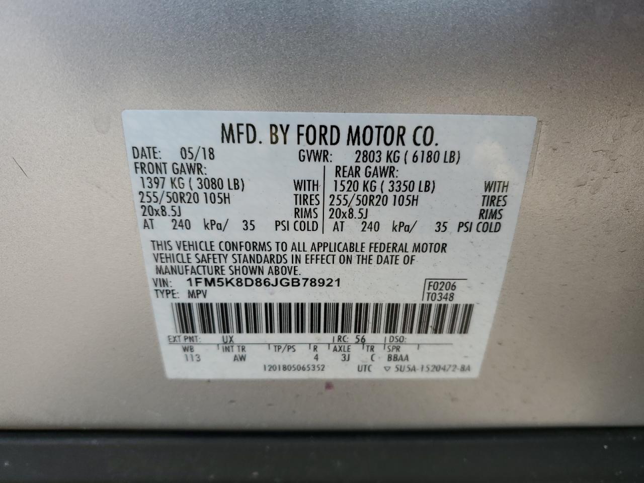 2018 Ford Explorer VIN 1FM5K8D86JGB78921 Copart auction photo, front end damage thumbnail 13