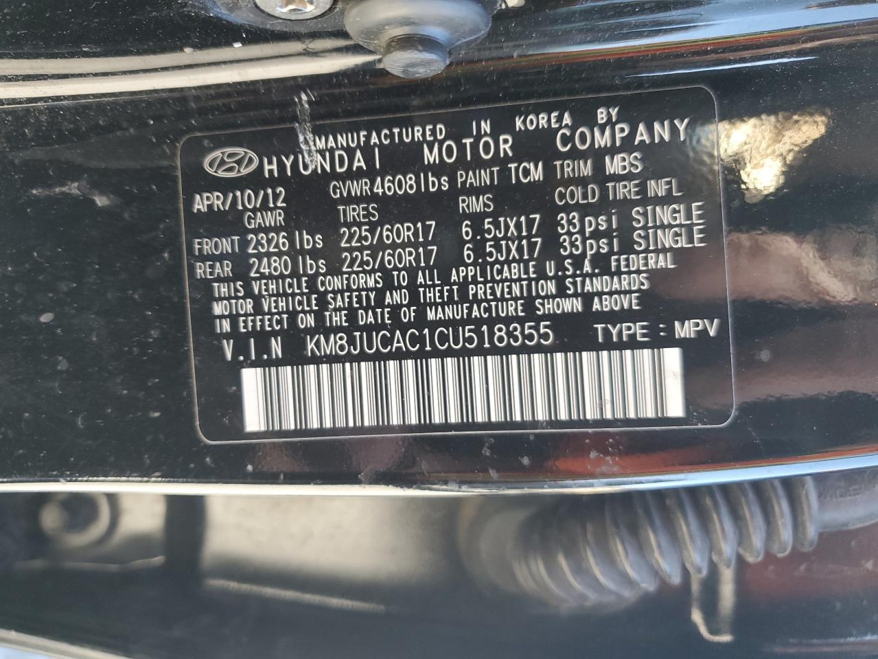 2012 Hyundai Tucson VIN KM8JUCAC1CU518355 Copart auction photo, front end / side damage thumbnail 13