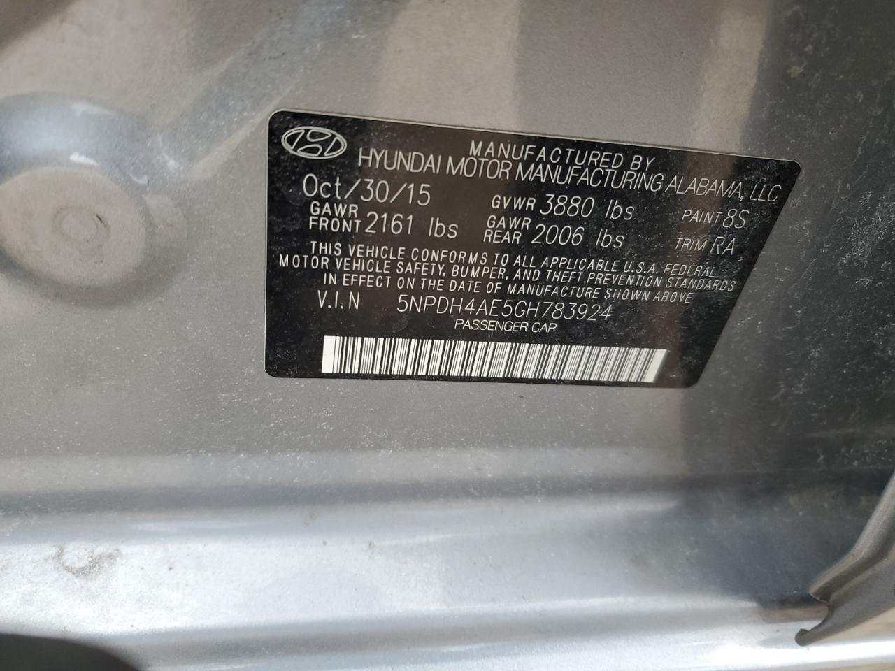 2016 Hyundai Elantra VIN 5NPDH4AE5GH783924 Copart auction photo, vandalism / side damage thumbnail 14