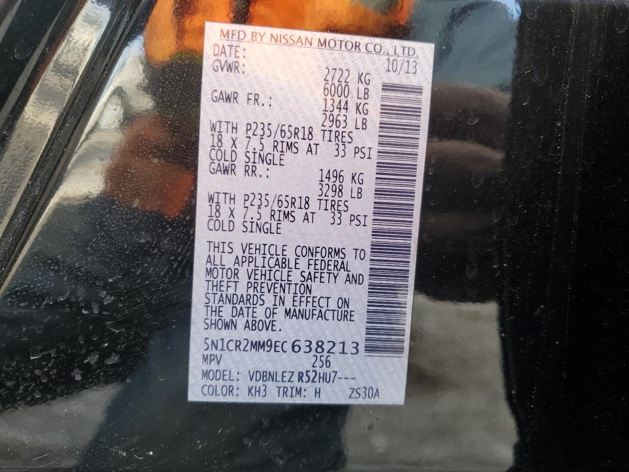 2014 Nissan Pathfinder VIN 5N1CR2MM9EC638213 Copart auction photo, minor dent/scratches damage thumbnail 13