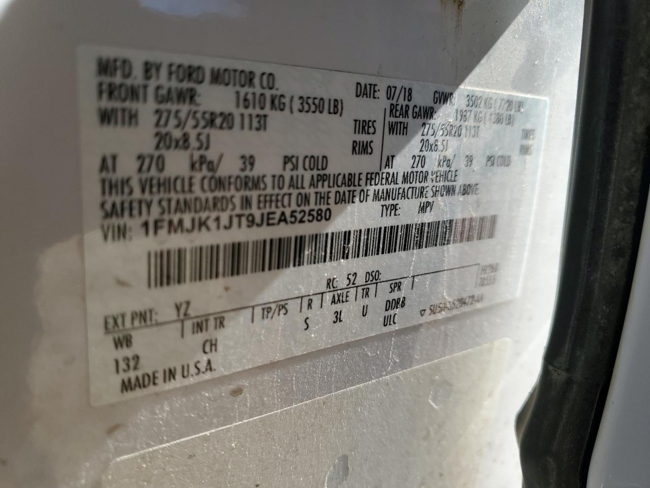 2018 Ford Expedition VIN 1FMJK1JT9JEA52580 Copart auction photo, front end damage thumbnail 14