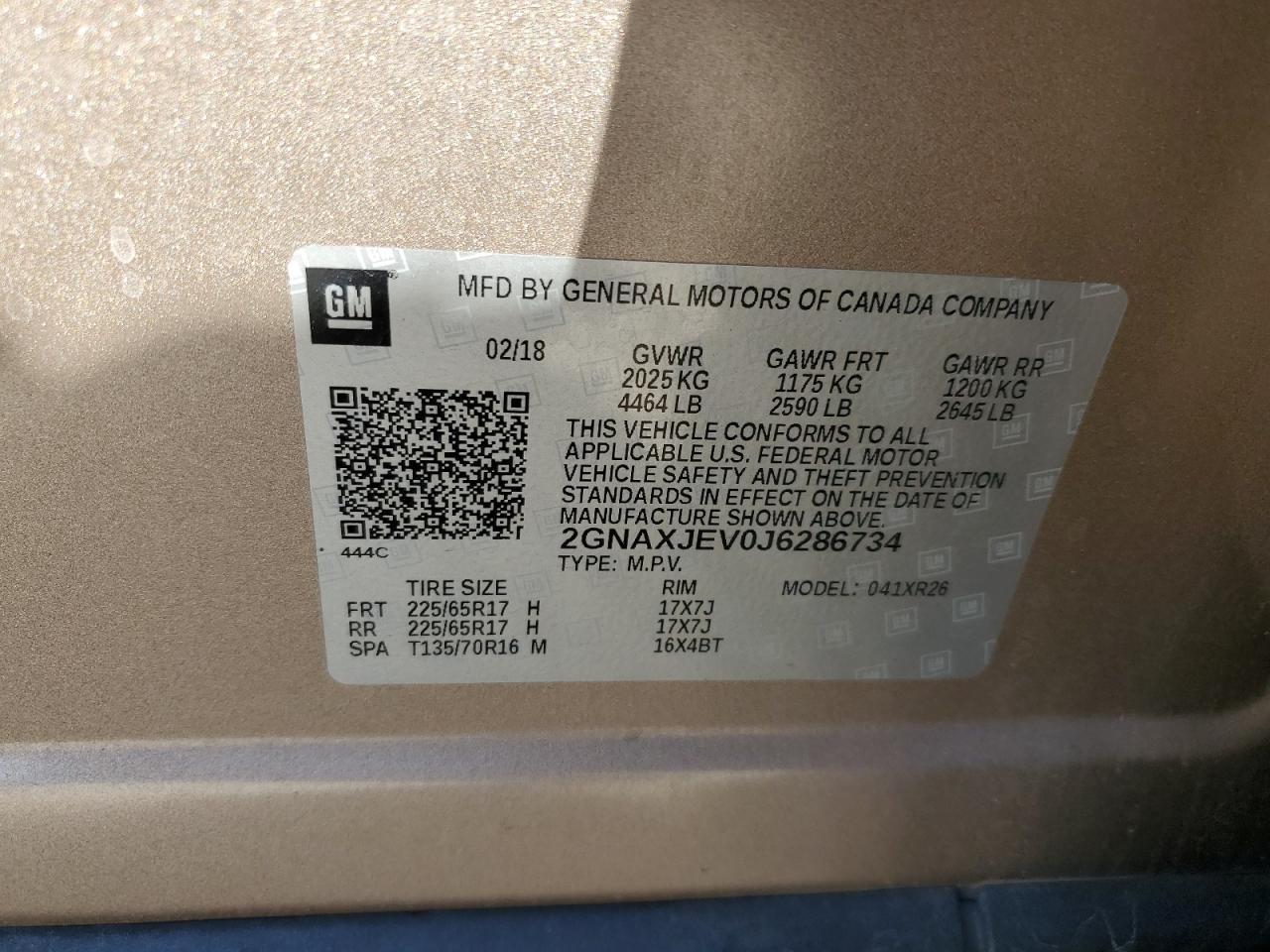 2018 Chevrolet Equinox VIN 2GNAXJEV0J6286734 Copart auction photo, front end damage thumbnail 14