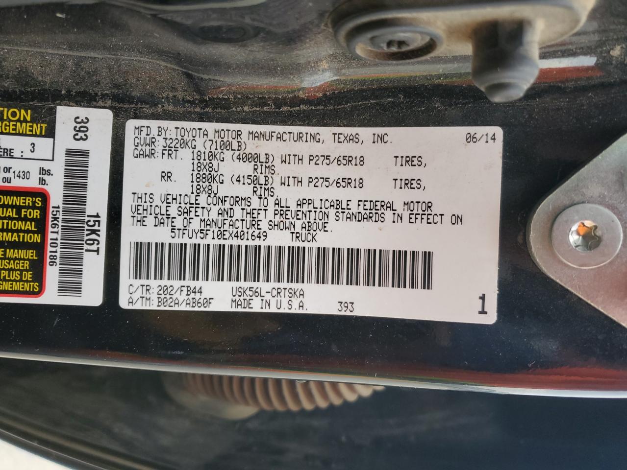 2014 Toyota Tundra VIN 5TFUY5F10EX401649 Copart auction photo, all over damage thumbnail 14
