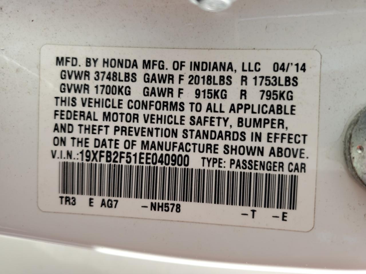 2014 Honda Civic VIN 19XFB2F51EE040900 Copart auction photo, all over damage thumbnail 14