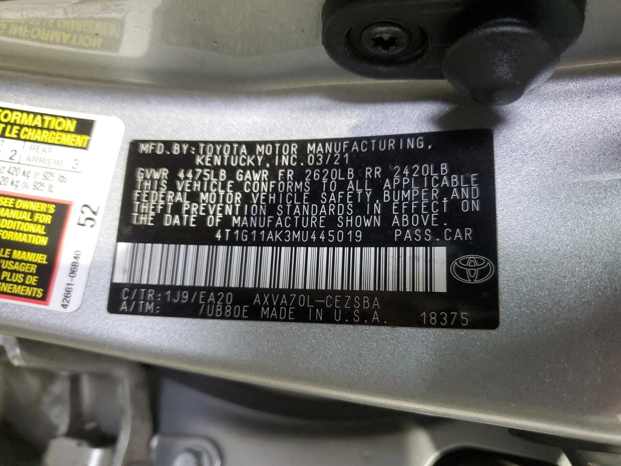 2021 Toyota Camry VIN 4T1G11AK3MU445019 Copart auction photo, rear end / minor dent/scratches damage thumbnail 12