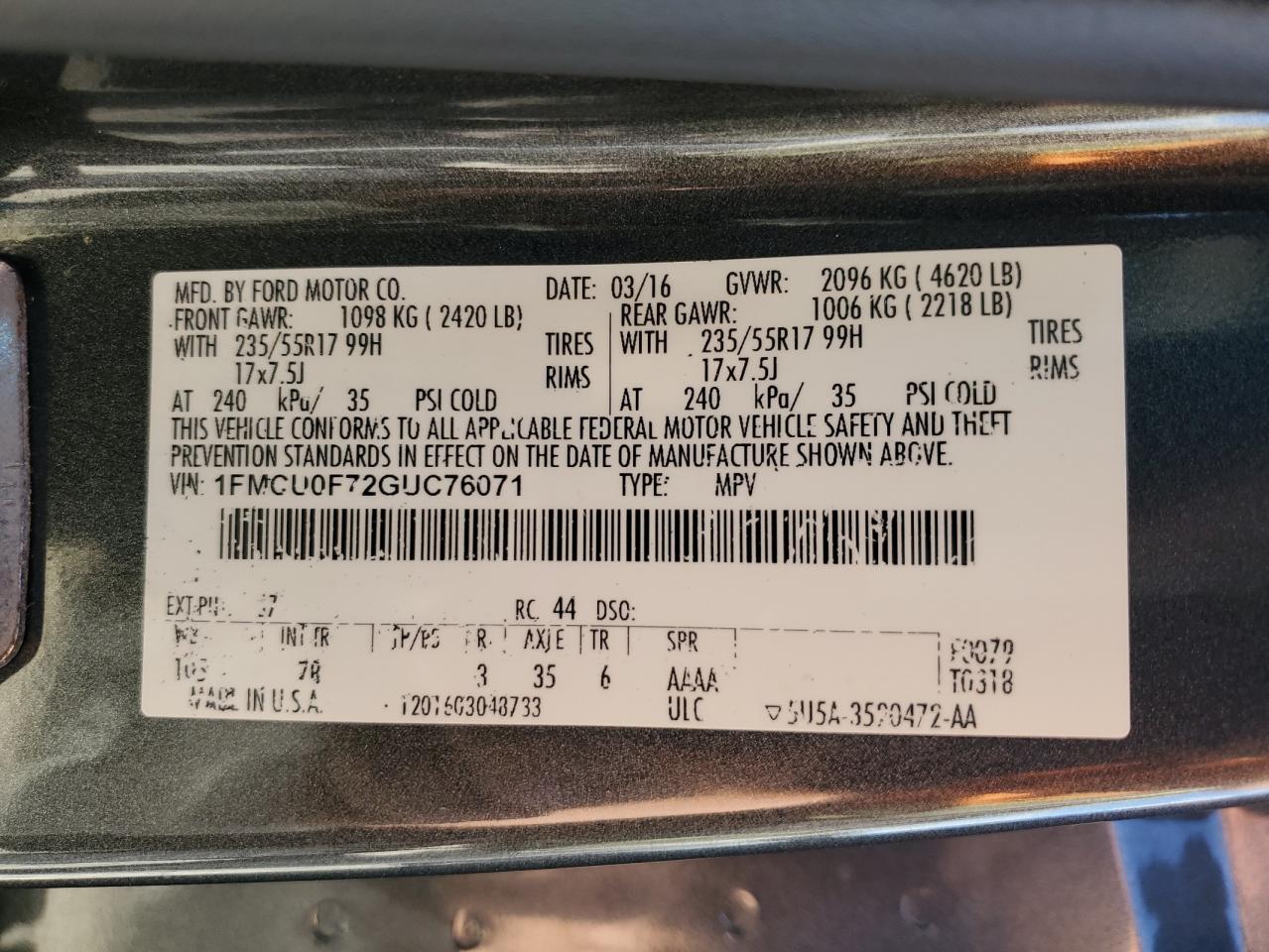 2016 Ford Escape VIN 1FMCU0F72GUC76071 Copart auction photo, rear end / undercarriage damage thumbnail 13