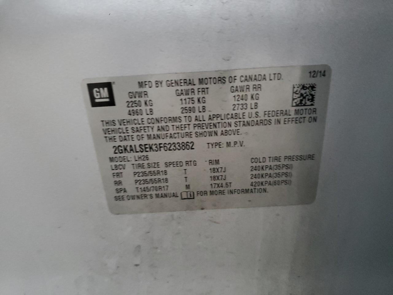 2015 GMC Terrain VIN 2GKALSEK3F6233862 Copart auction photo, front end damage thumbnail 13