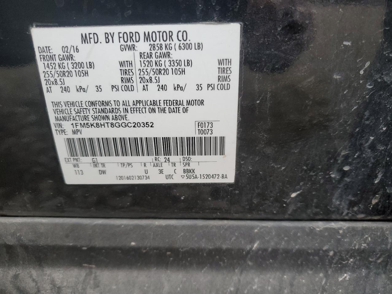 2016 Ford Explorer VIN 1FM5K8HT8GGC20352 Copart auction photo, front end damage thumbnail 14