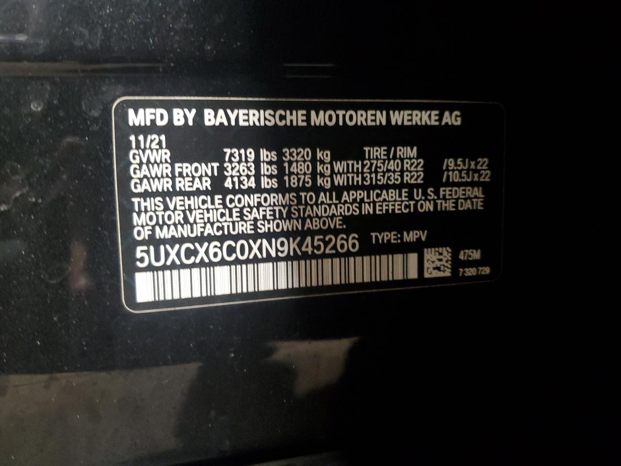 2022 BMW X7 VIN 5UXCX6C0XN9K45266 Copart auction photo, side damage thumbnail 13