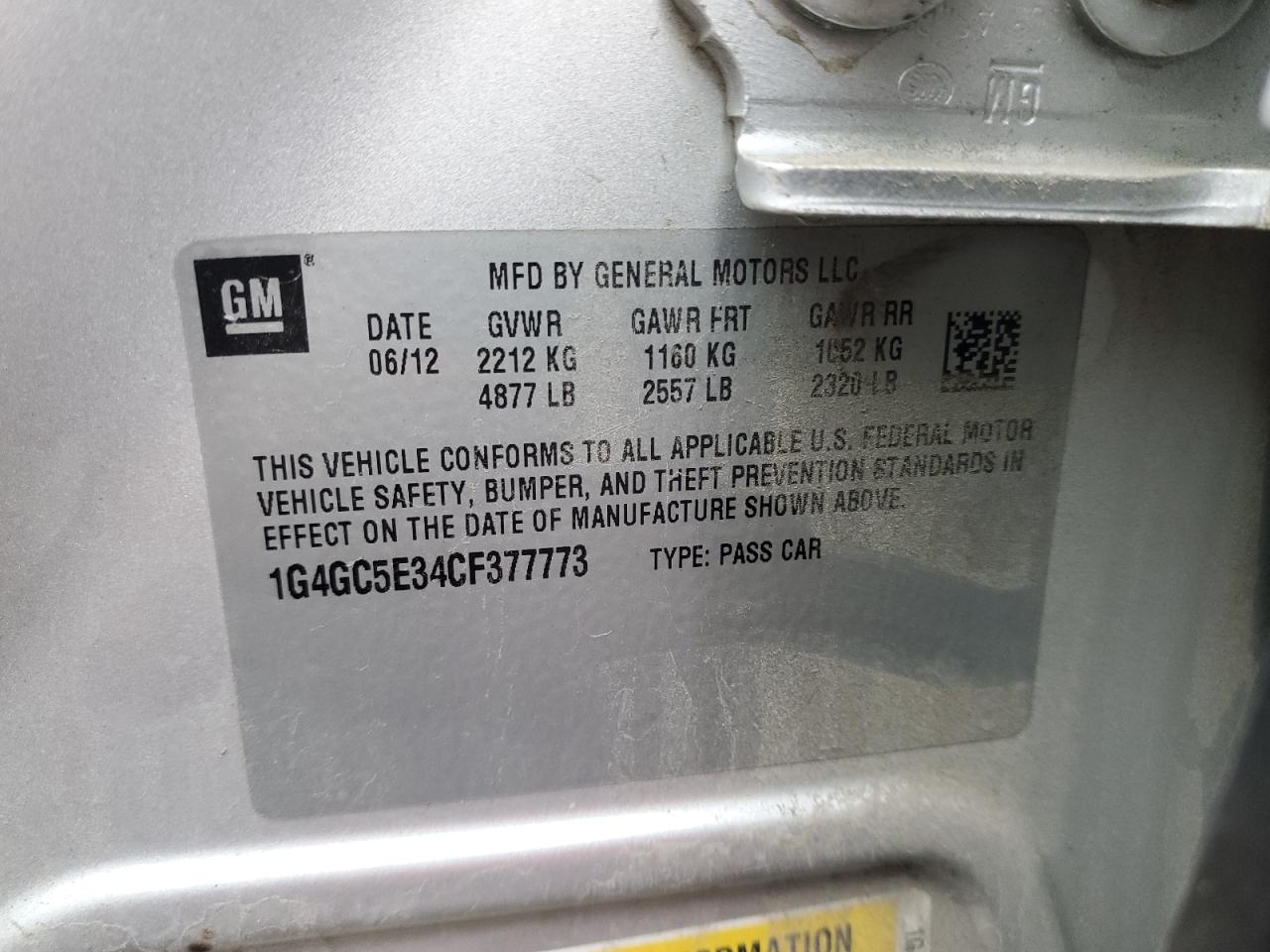 2012 Buick LaCrosse VIN 1G4GC5E34CF377773 Copart auction photo, front end / side damage thumbnail 12