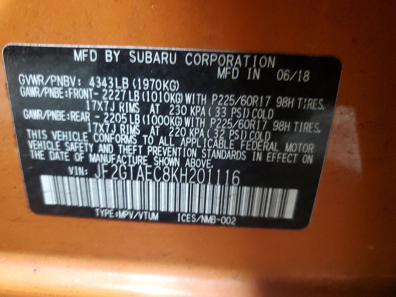 2019 Subaru XV VIN JF2GTAEC8KH201116 Copart auction photo, side / front end damage thumbnail 12