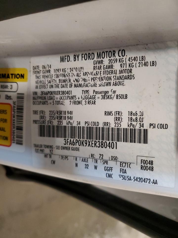 2014 Ford Fusion VIN 3FA6P0K9XER380401 Copart auction photo, front end damage thumbnail 12
