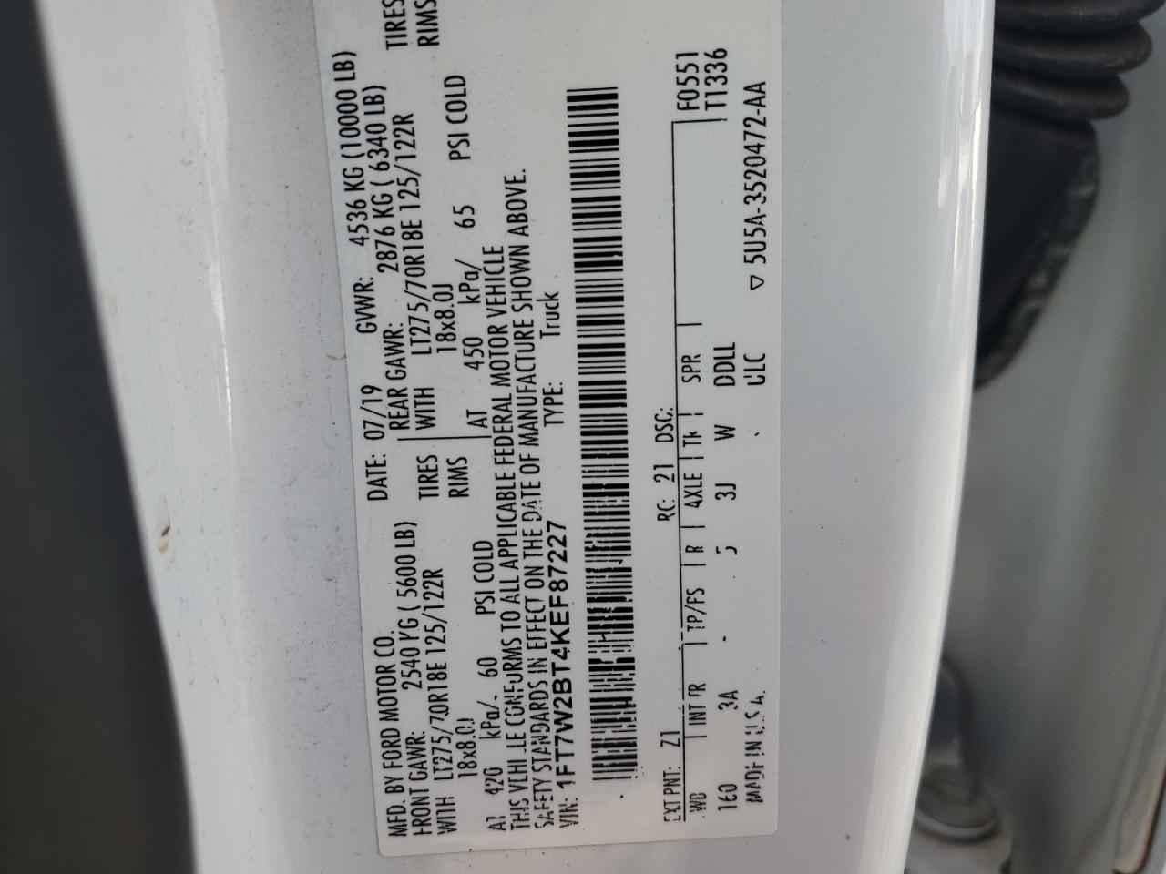 2019 Ford F250 VIN 1FT7W2BT4KEF87227 Copart auction photo, front end / side damage thumbnail 14