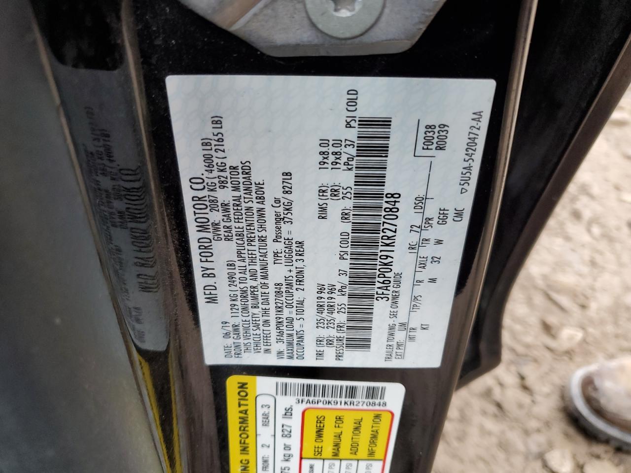 2019 Ford Fusion VIN 3FA6P0K91KR270848 Copart auction photo, front end damage thumbnail 14