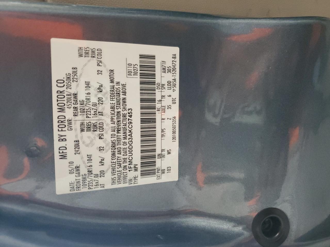 2010 Ford Escape VIN 1FMCU0DG3AKC97453 Copart auction photo, side / rear end damage thumbnail 13