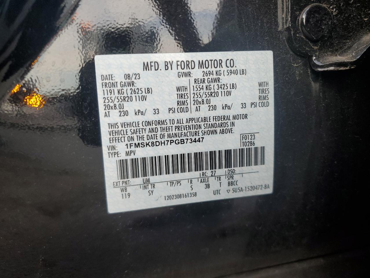 2023 Ford Explorer VIN 1FMSK8DH7PGB73447 Copart auction photo, rear end damage thumbnail 14