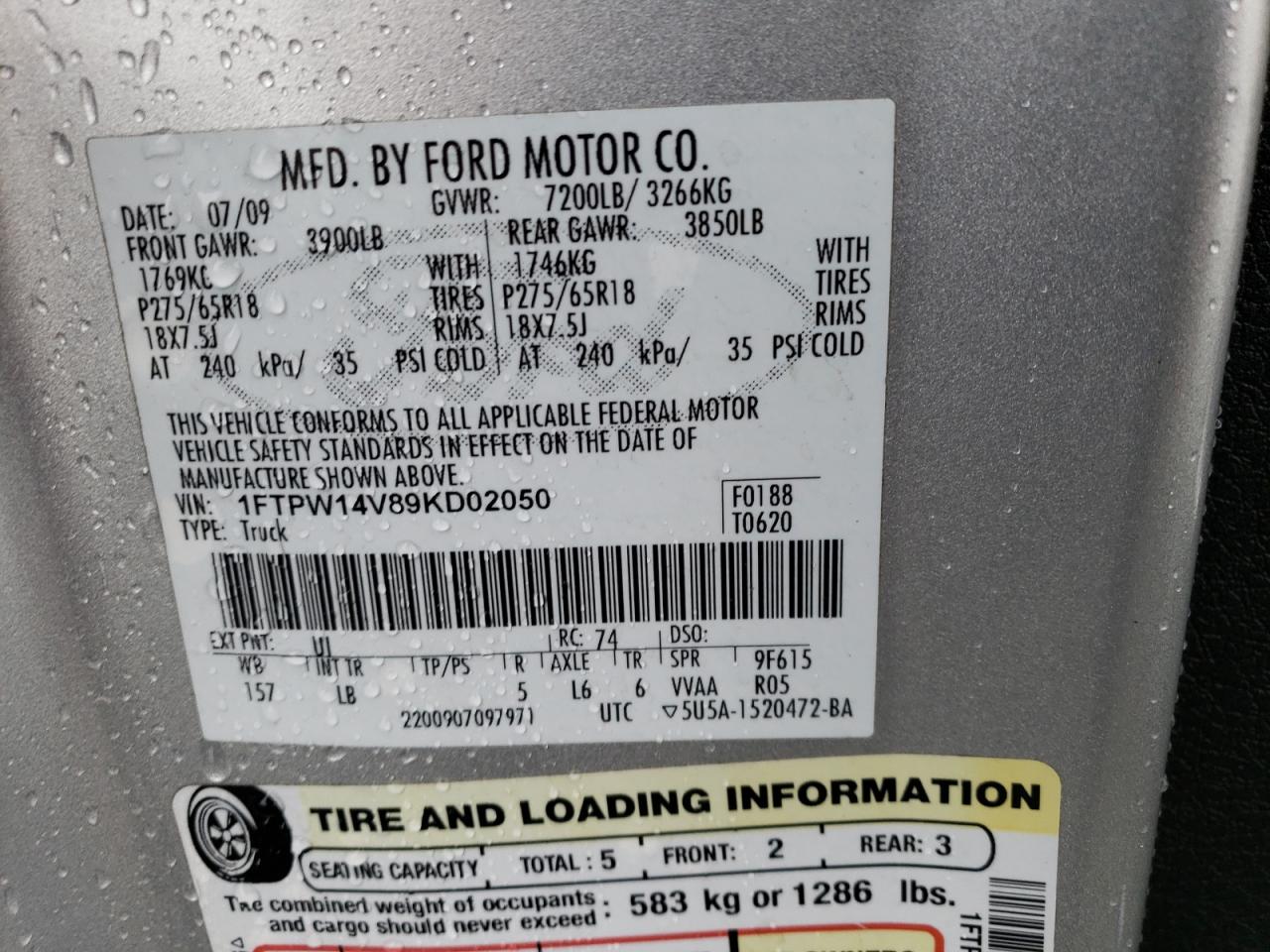 2009 Ford F-150 VIN 1FTPW14V89KD02050 Copart auction photo, all over / undercarriage damage thumbnail 13