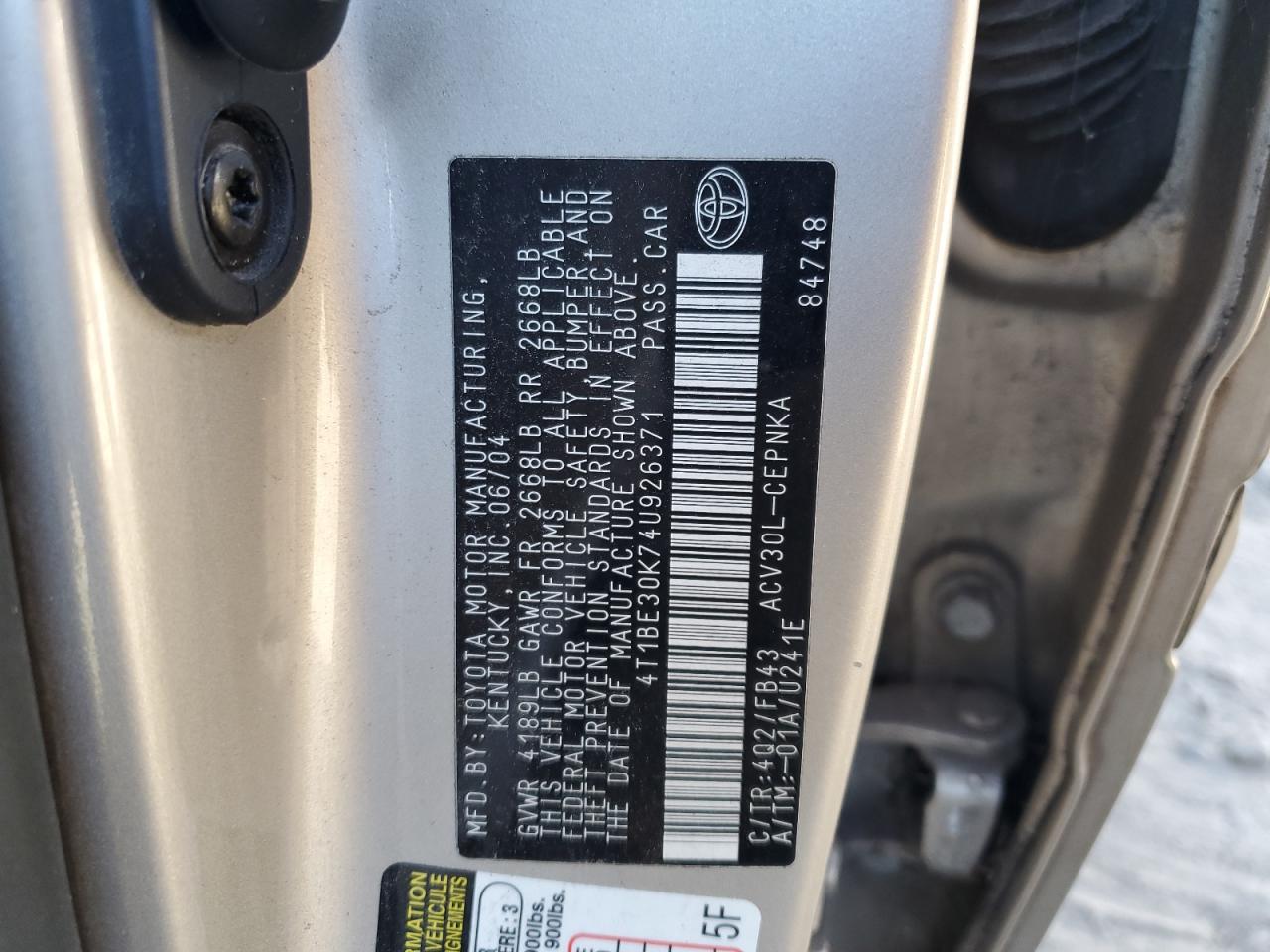 2004 Toyota Camry VIN 4T1BE30K74U926371 Copart auction photo, front end damage thumbnail 12