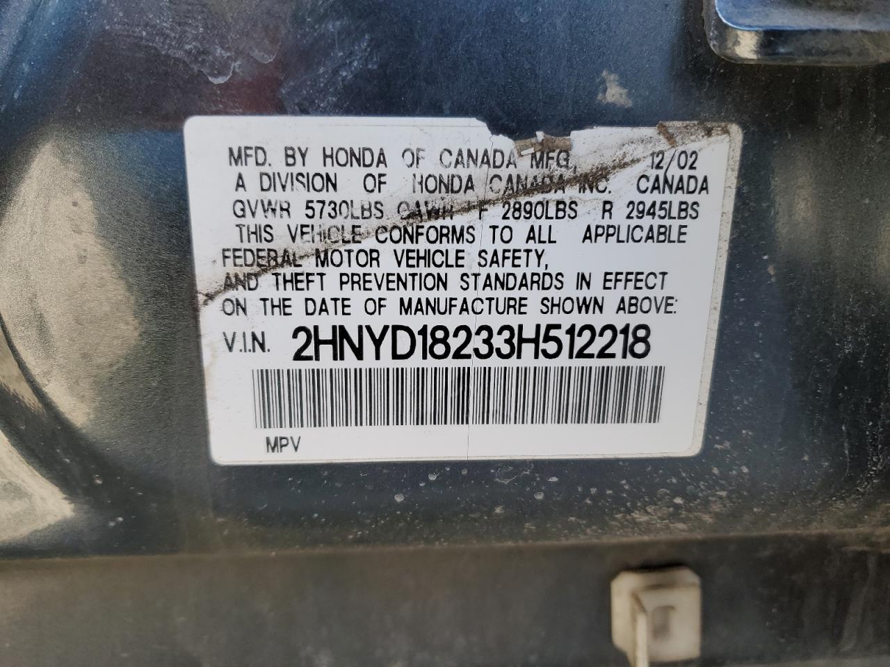 2003 Acura MDX VIN 2HNYD18233H512218 Copart auction photo, side / rear end damage thumbnail 13