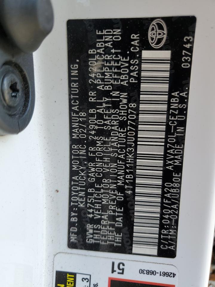 2018 Toyota Camry VIN 4T1B11HK3JU077078 Copart auction photo, rear end / front end damage thumbnail 13