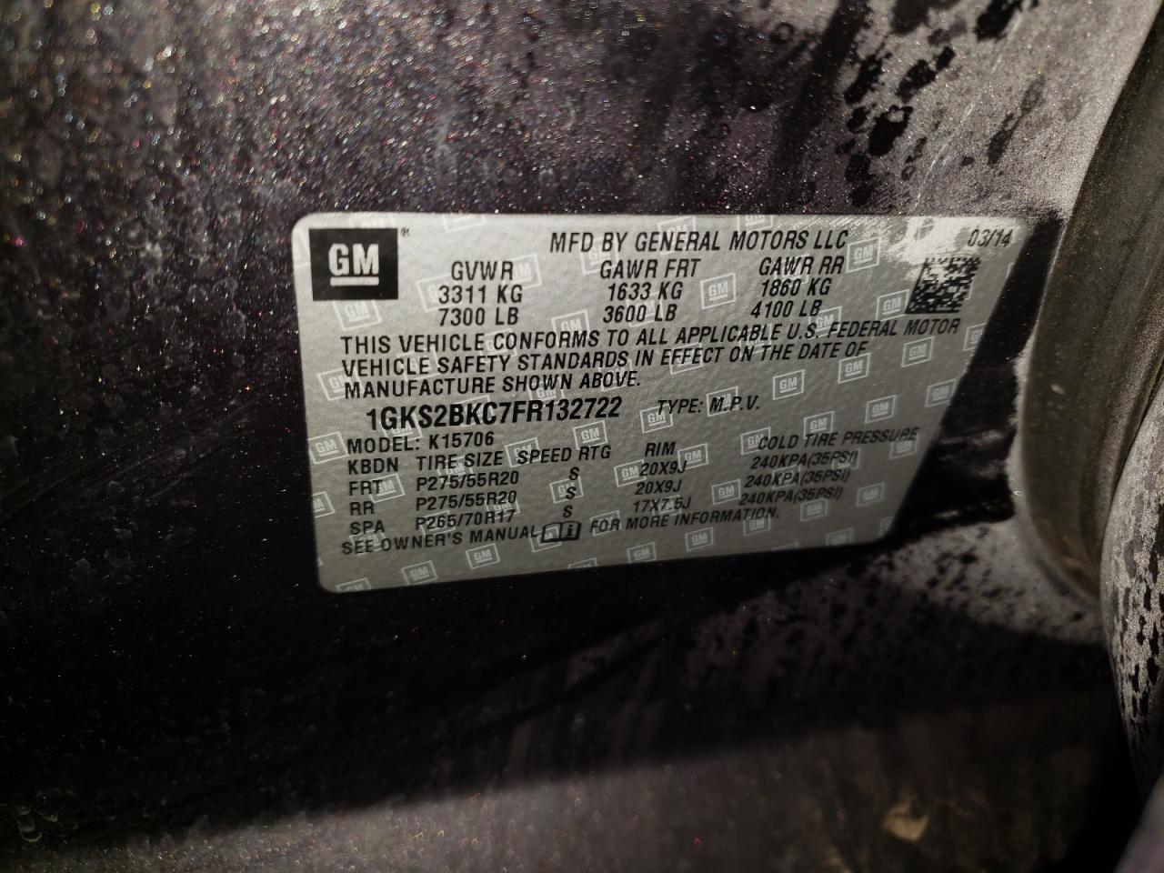 2015 GMC Yukon VIN 1GKS2BKC7FR132722 Copart auction photo, rear end / side damage thumbnail 13