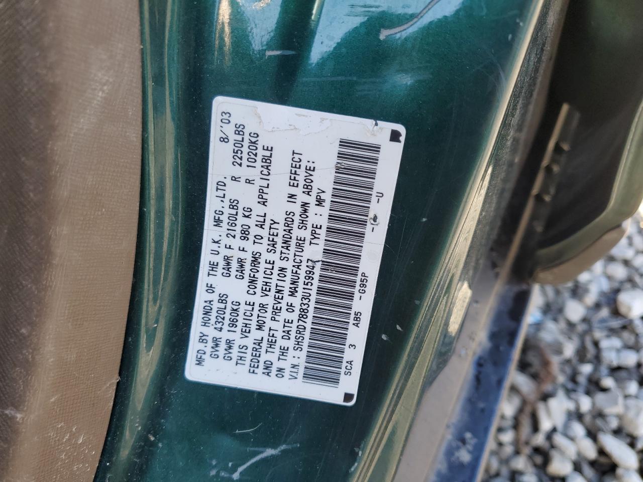 2003 Honda CR-V VIN SHSRD78833U159947 Copart auction photo, all over / minor dent/scratches damage thumbnail 15