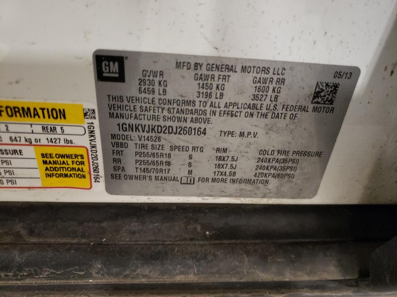 2013 Chevrolet Traverse VIN 1GNKVJKD2DJ260164 Copart auction photo, front end / side damage thumbnail 15