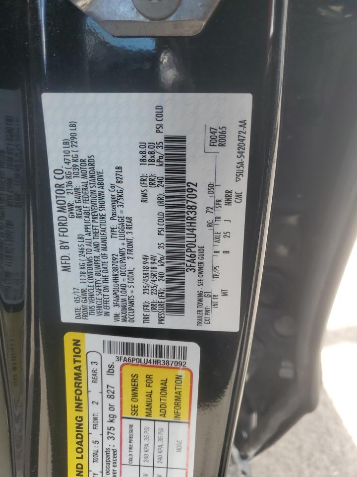 2017 Ford Fusion VIN 3FA6P0LU4HR387092 Copart auction photo, front end / rear end damage thumbnail 14