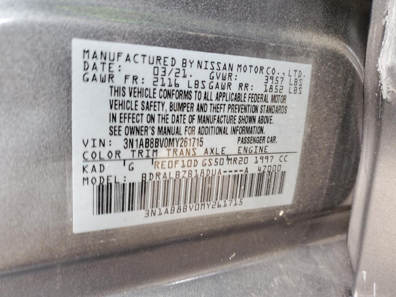 2021 Nissan Sentra VIN 3N1AB8BV0MY261715 Copart auction photo, side damage thumbnail 14