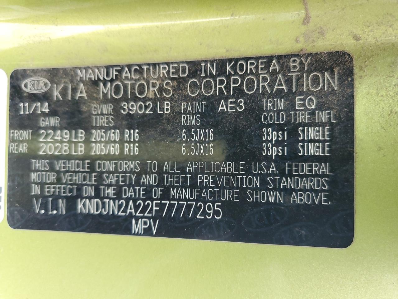 2015 KIA Soul VIN KNDJN2A22F7777295 Copart auction photo, rear end / side damage thumbnail 14