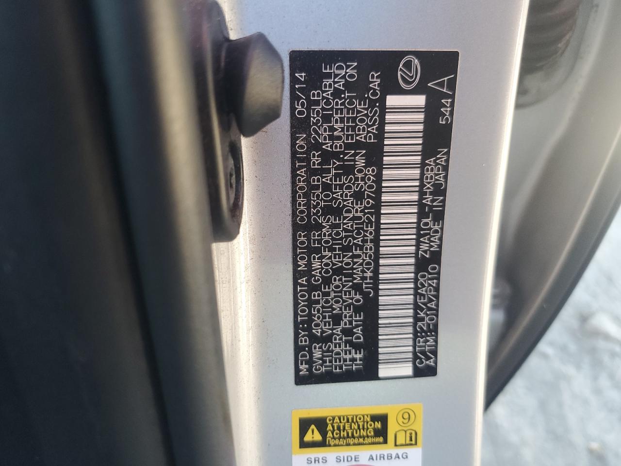 2014 Lexus CT VIN JTHKD5BH6E2197098 Copart auction photo, water/flood / minor dent/scratches damage thumbnail 12
