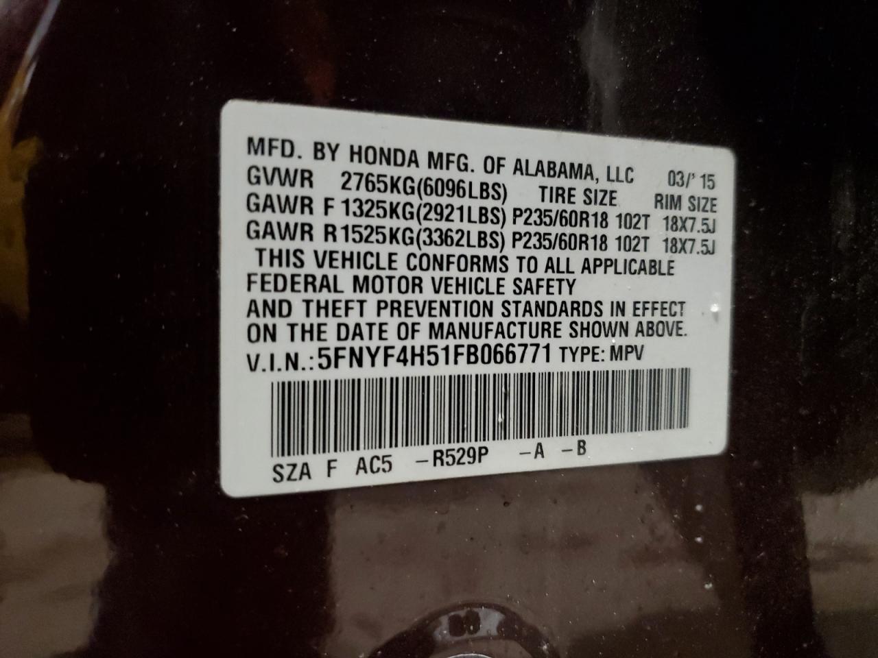 2015 Honda Pilot VIN 5FNYF4H51FB066771 Copart auction photo, front end / undercarriage damage thumbnail 15
