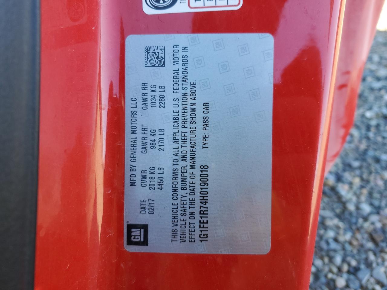 2017 Chevrolet Camaro VIN 1G1FE1R74H0190018 Copart auction photo, front end / side damage thumbnail 15
