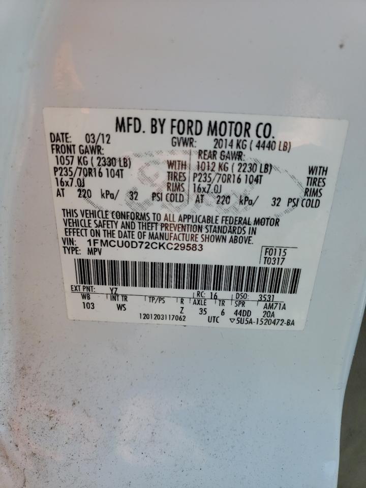 2012 Ford Escape VIN 1FMCU0D72CKC29583 Copart auction photo, all over / front end damage thumbnail 13