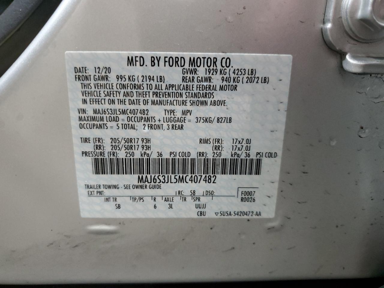2021 Ford EcoSport VIN MAJ6S3JL5MC407482 Copart auction photo, front end / rear end damage thumbnail 15