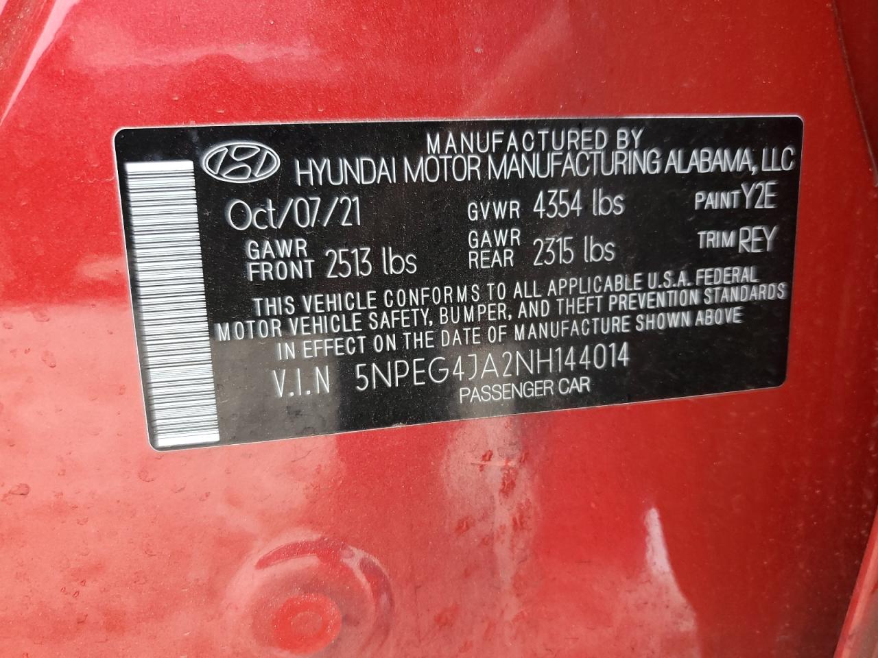 2022 Hyundai Sonata VIN 5NPEG4JA2NH144014 Copart auction photo, front end damage thumbnail 12