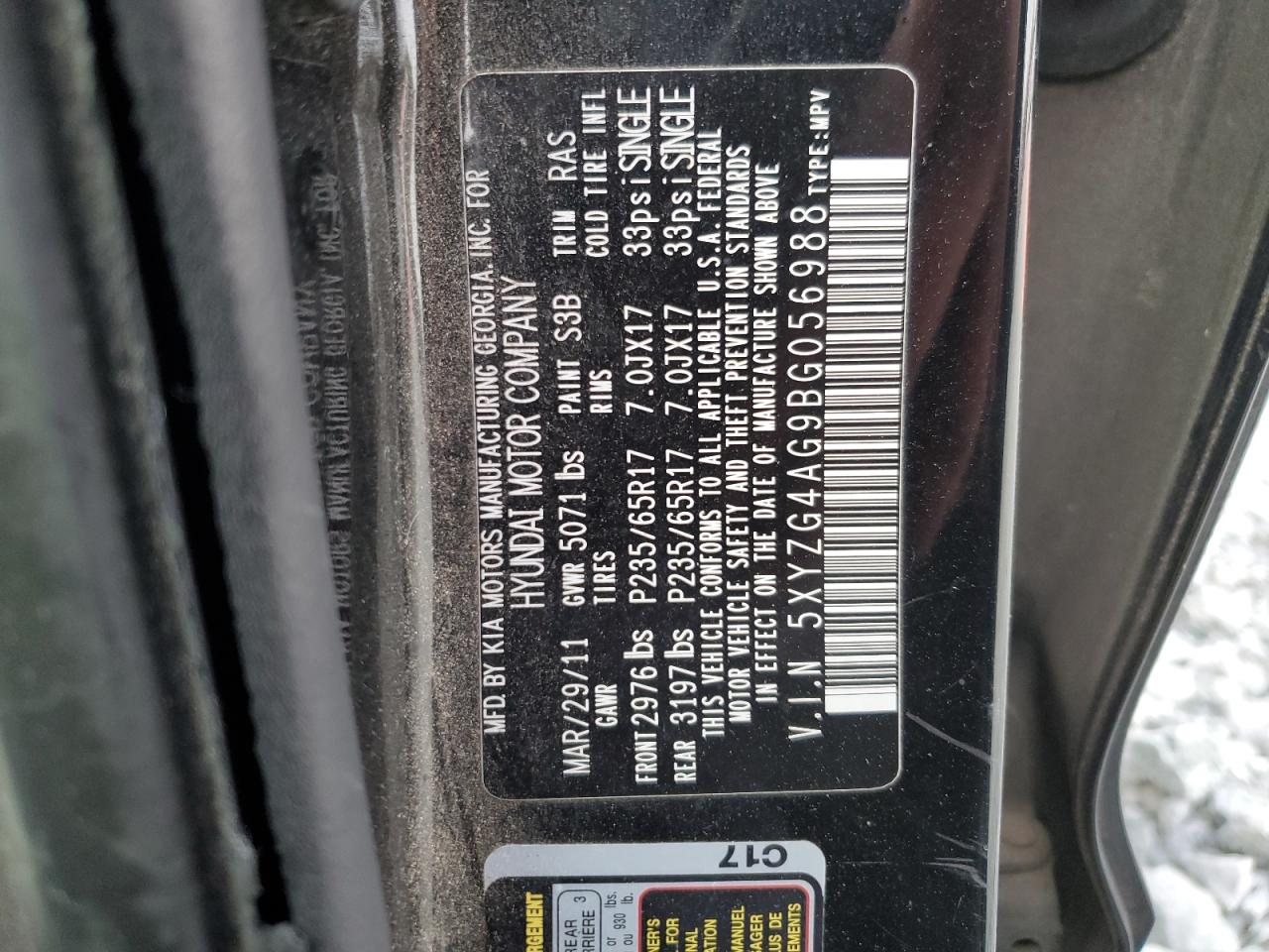 2011 Hyundai Santa Fe VIN 5XYZG4AG9BG056988 Copart auction photo, front end / minor dent/scratches damage thumbnail 13